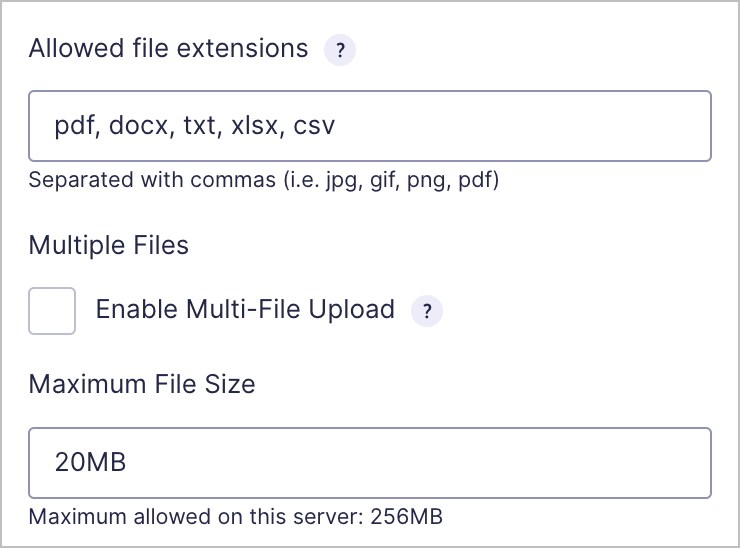 Die Feldeinstellungen für das Feld „Datei-Upload“ von Gravity Forms.