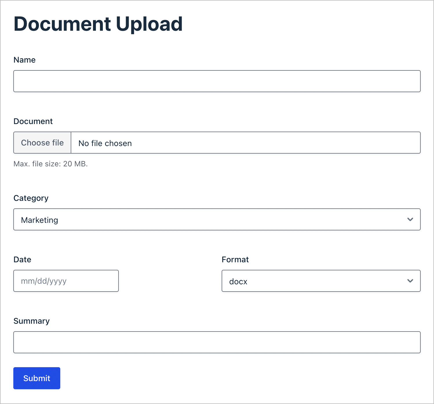 Un formulaire de téléchargement de documents construit à l'aide de Gravity Forms ; ici, il y a des champs pour le nom, le document (téléchargement de fichier), la catégorie, la date, le format et le résumé.