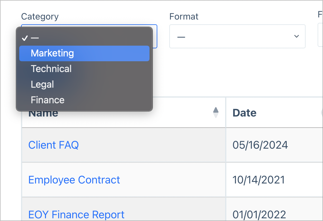 Meniul derulant al categoriei din bara de căutare de gestionare a documentelor; aici există categorii pentru Marketing, Tehnic, Juridic și Financiar.