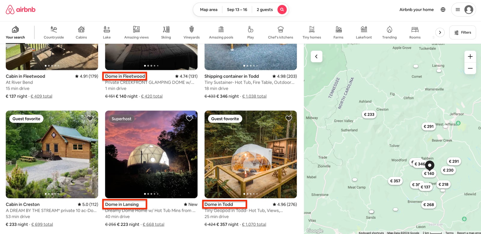 Стоимость глэмпинга на Airbnb в сравнении.