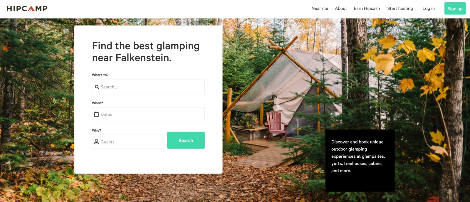 Sito web Hipcamp per il glamping.