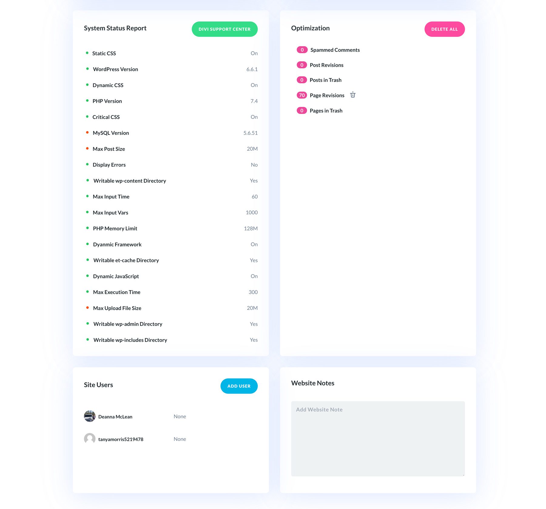 Relatório de status do sistema Divi Dash