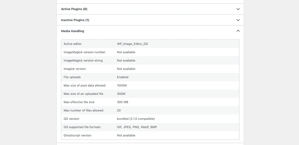 Visualizzazione della dimensione massima di caricamento nella pagina Salute del sito WordPress.