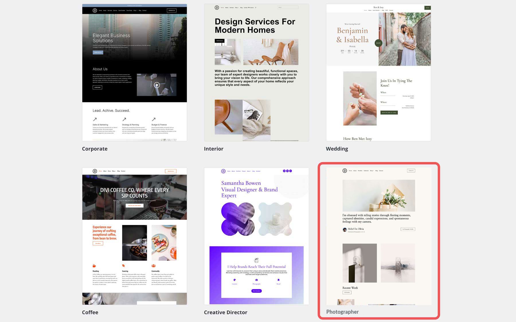Divi의 사진작가 스타터 사이트