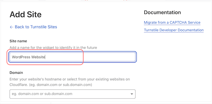 Entering website’s domain name in the Domain field of Turnstile option in Cloudflare account