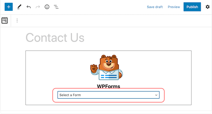 WPForms block showing dropdown options 