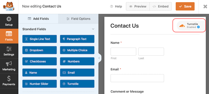 Turnstile Enabled notification on WPForms