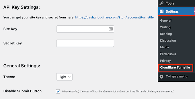 Cloudflare Turnstile Settings in WordPress Site
