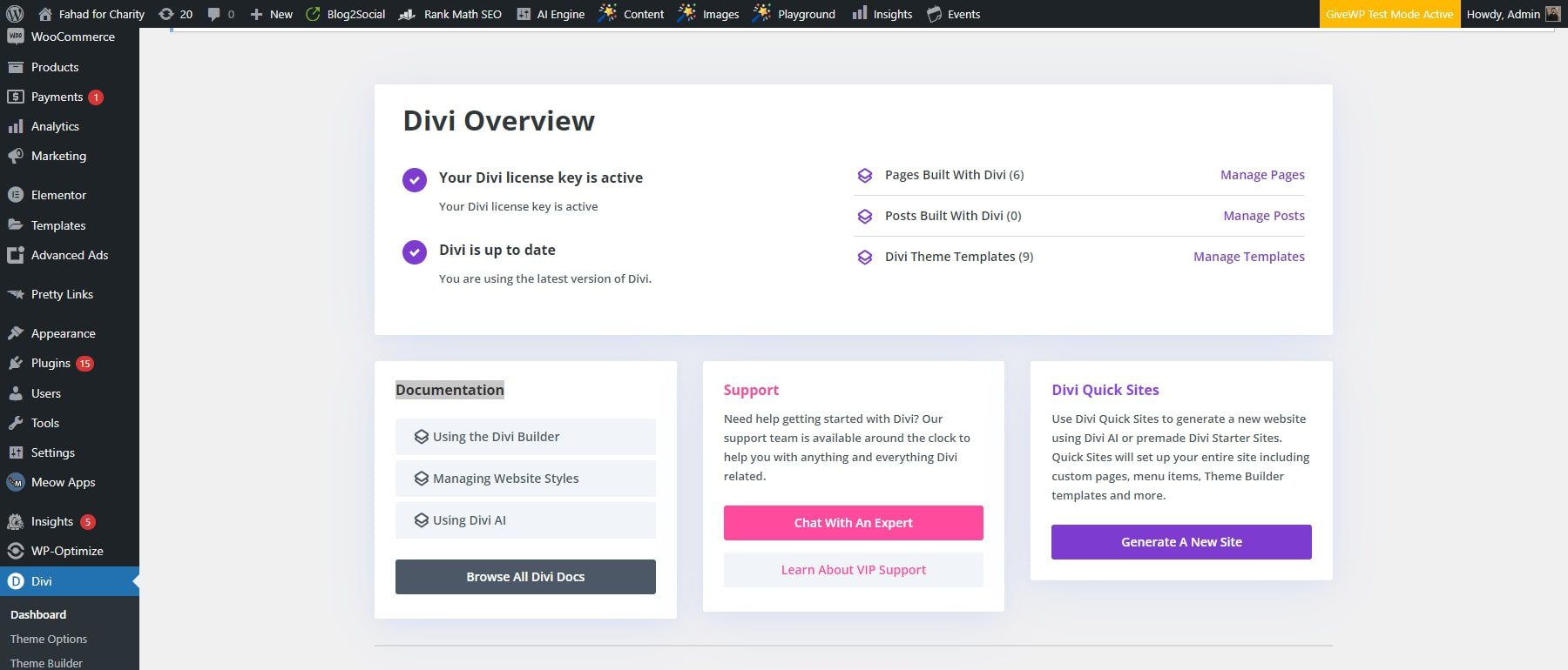 Divi Quick Sites-Dashboard