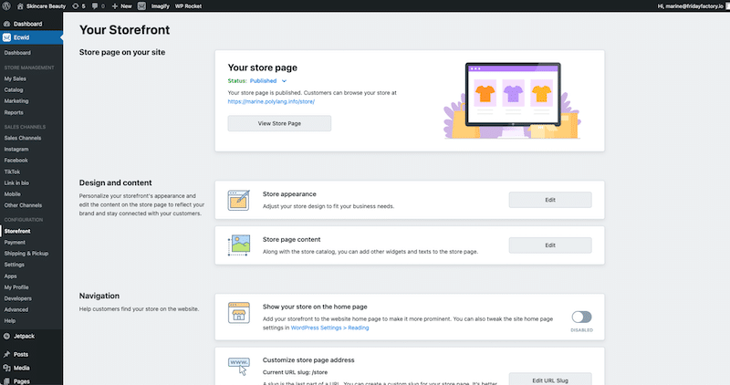 Interface moderna com diversas opções de marketing, produtos e envio - Fonte: Interface Ecwid no WordPress 