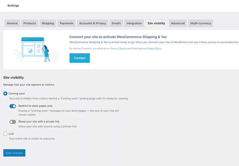 Pestaña de visibilidad del sitio - Fuente: panel de WooCommerce 
