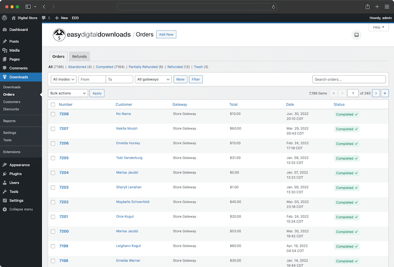 EDD 界面和数字商品报告示例 - 来源：Easy Digital Downloads Interface 