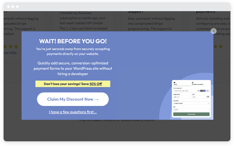 Un esempio di popup di uscita blu quando si lascia un sito.