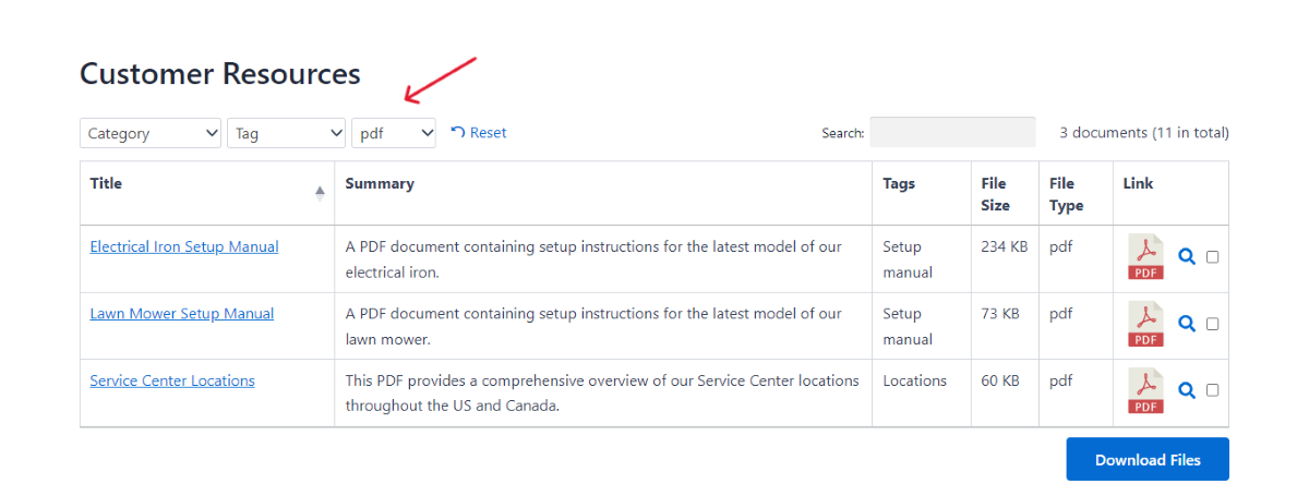 Tabel dokumen di bagian depan situs web menampilkan menu drop-down pemfilteran untuk file yang tersedia.