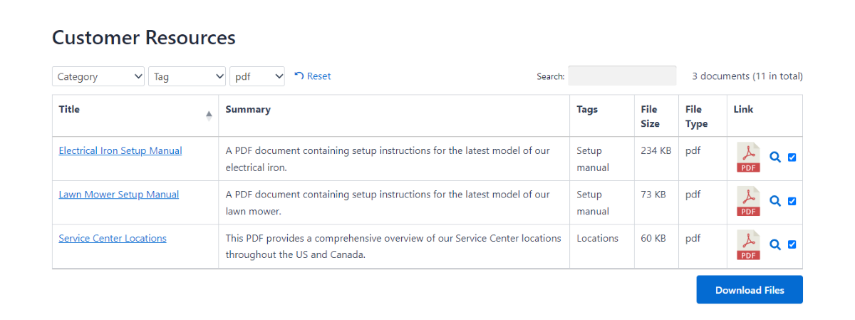 Uma biblioteca de documentos WordPress no front-end de um site.