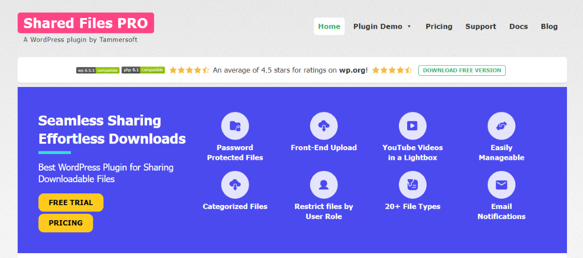 Die Shared Files Pro-Plugin-Website.