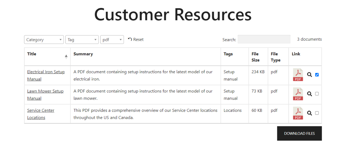 La interfaz frontal de Document Library Pro.