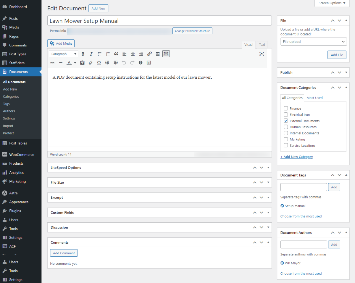 La schermata Modifica documento in Document Library Pro.