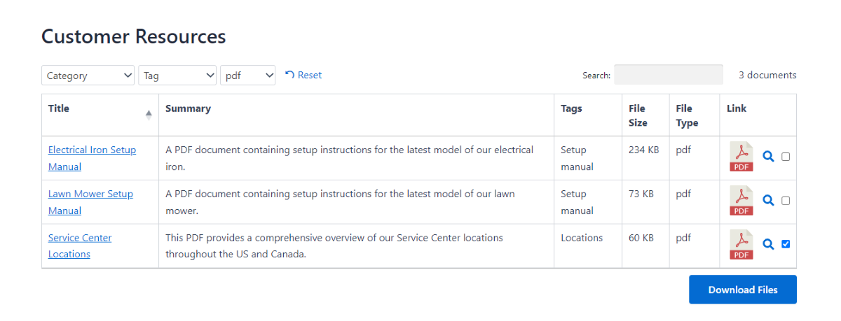 O layout do arquivo de tabela do Document Library Pro no front-end.