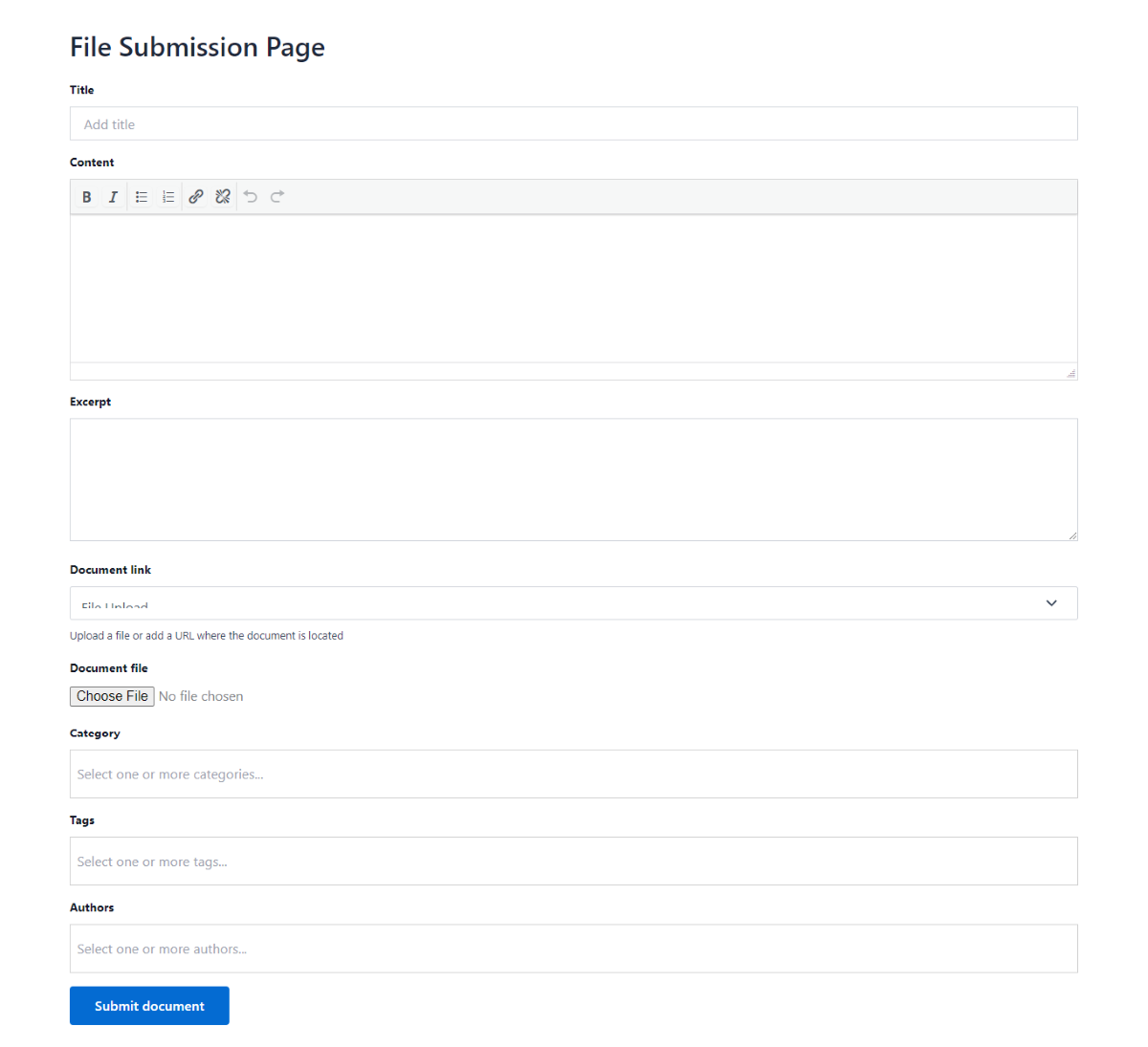 Document Library Pro için Dosya Gönderim Sayfası.