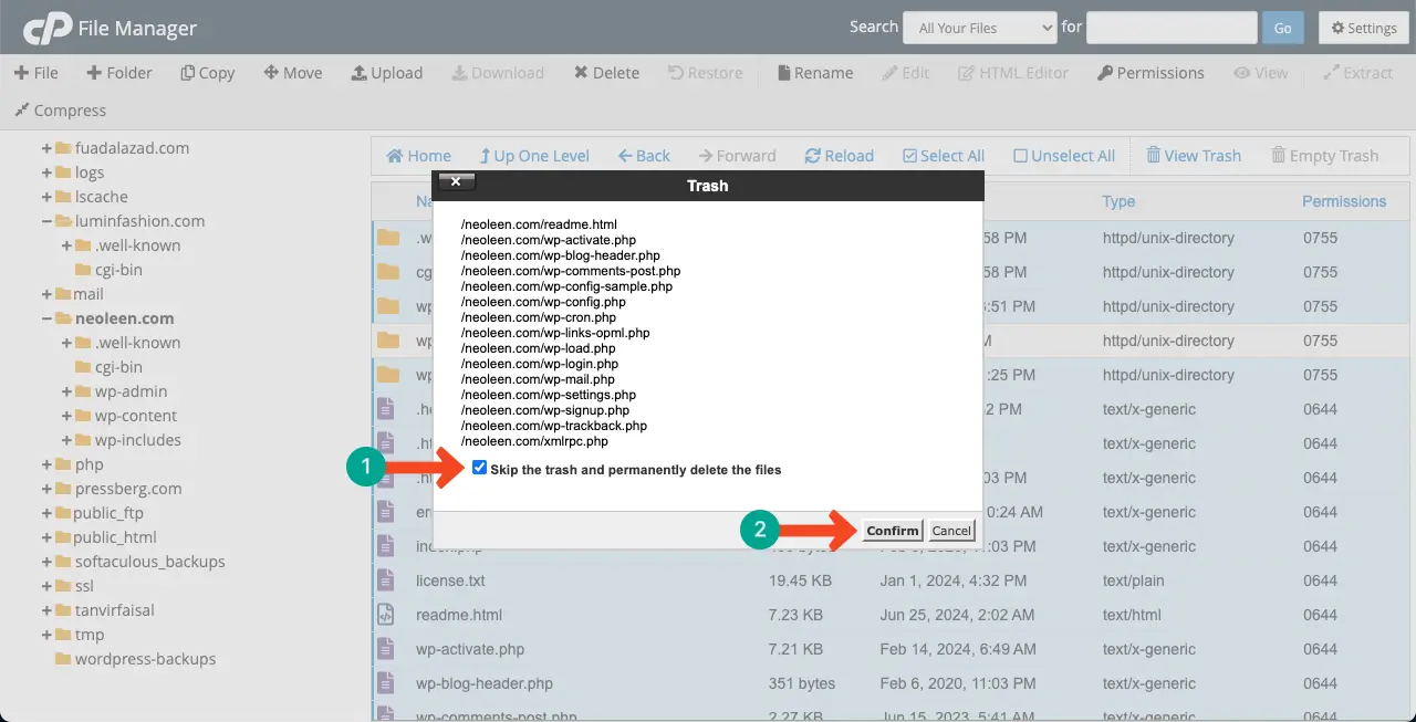 Permanently delete the selected core WordPress files