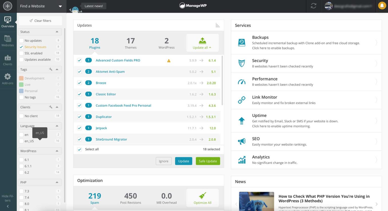 dashboard dettagliata di ManageWP