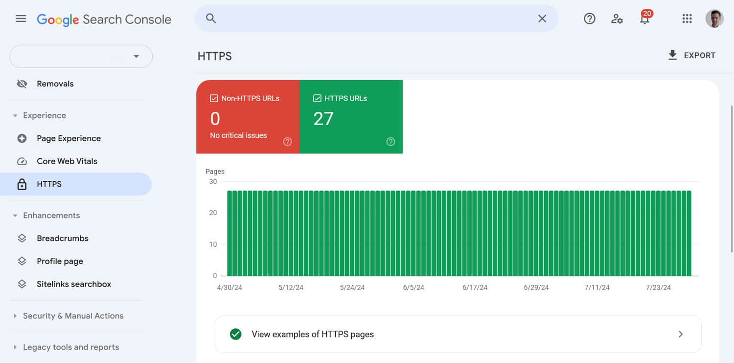 Statut HTTPS de la console de recherche Google