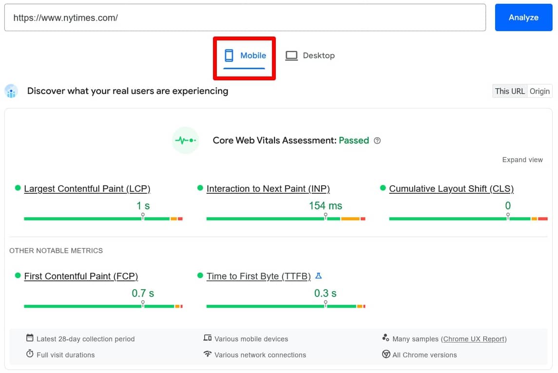 PageSpeed ​​Insights에서 별도로 분석된 모바일 성능