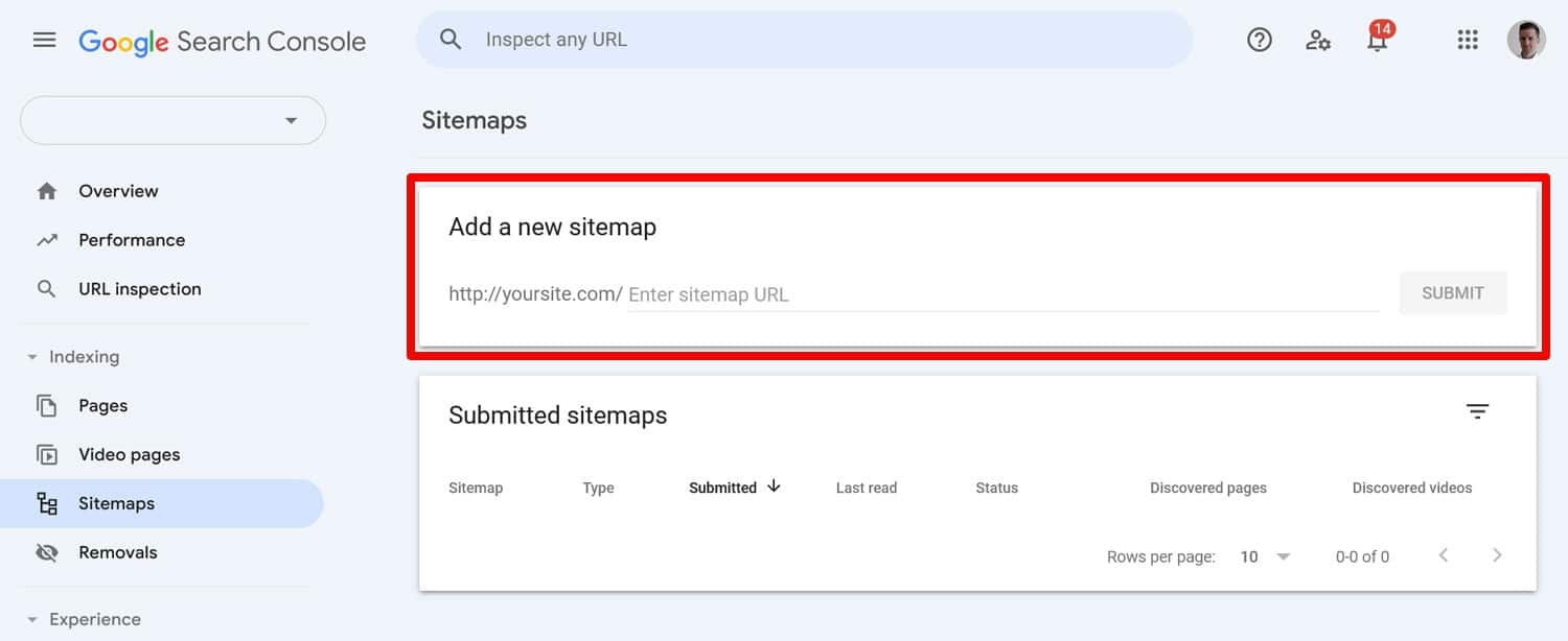 Option de soumission de plan de site dans Google Search Console