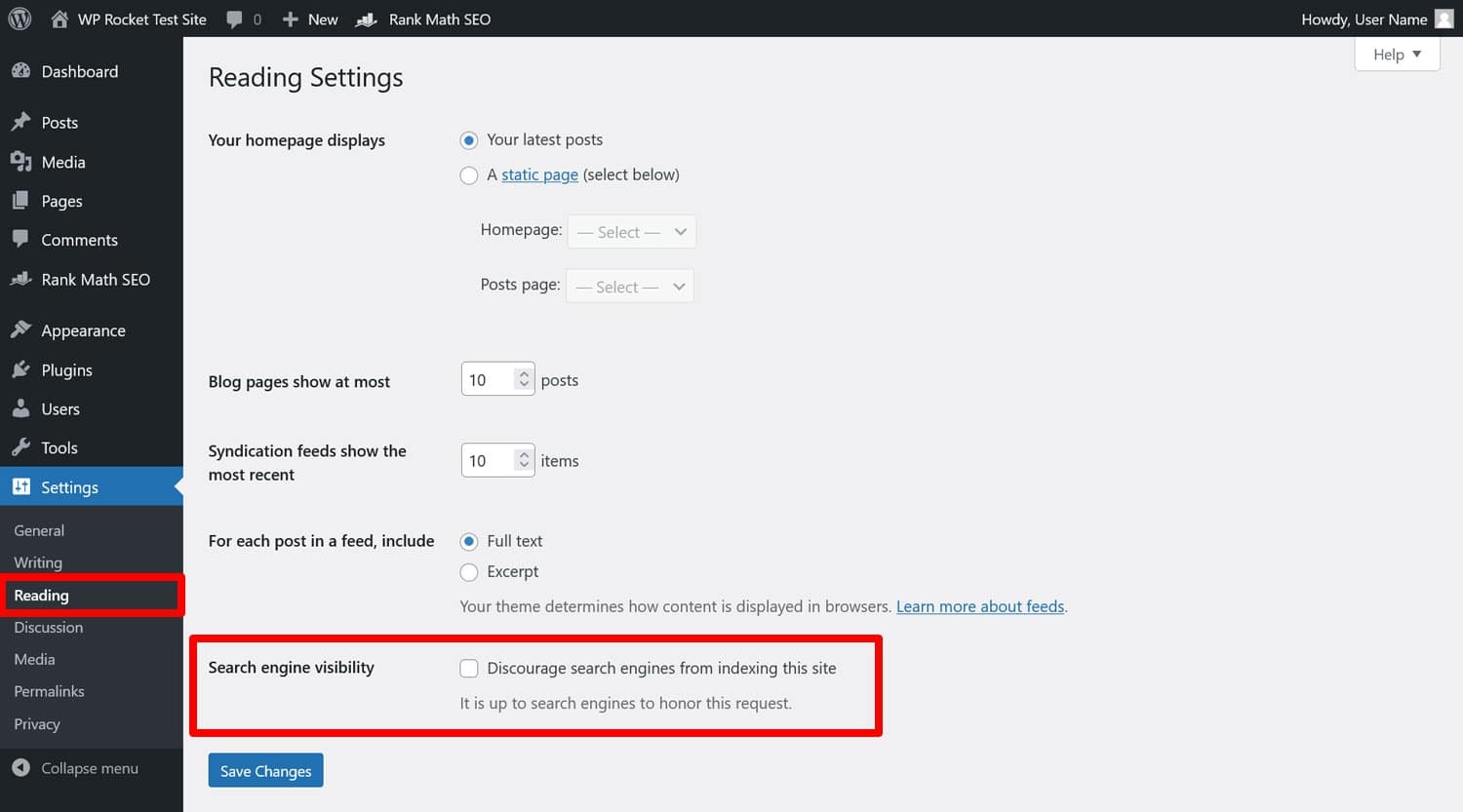 Opciones de indexación de sitios web en la configuración de WordPress