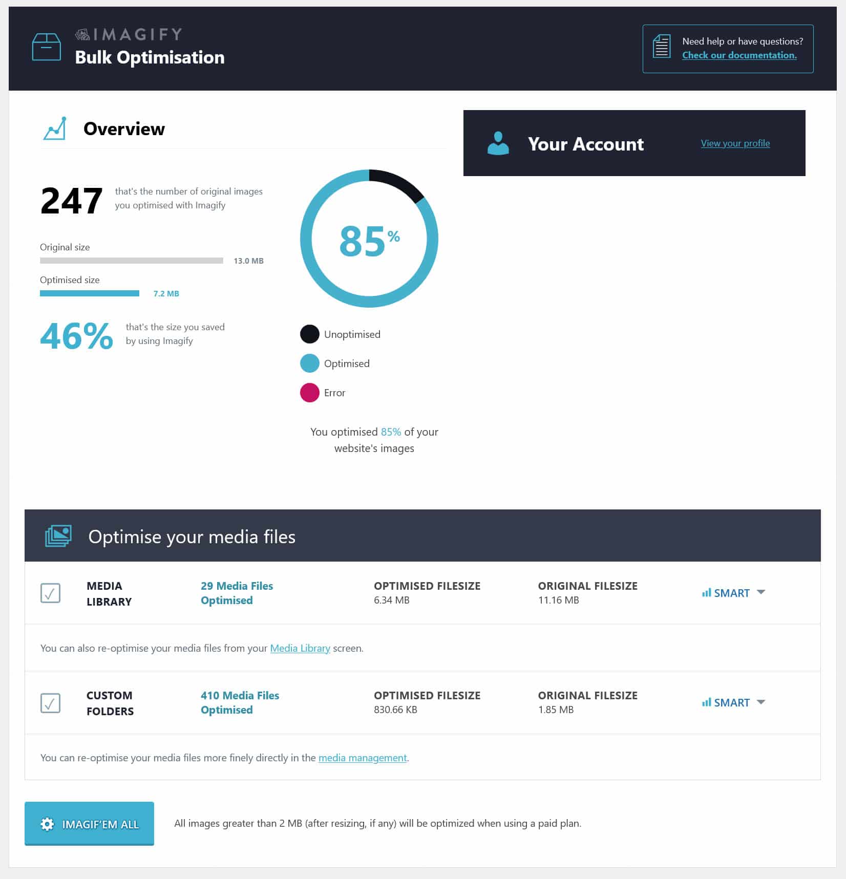 Opção de otimização de imagens em massa Imagify