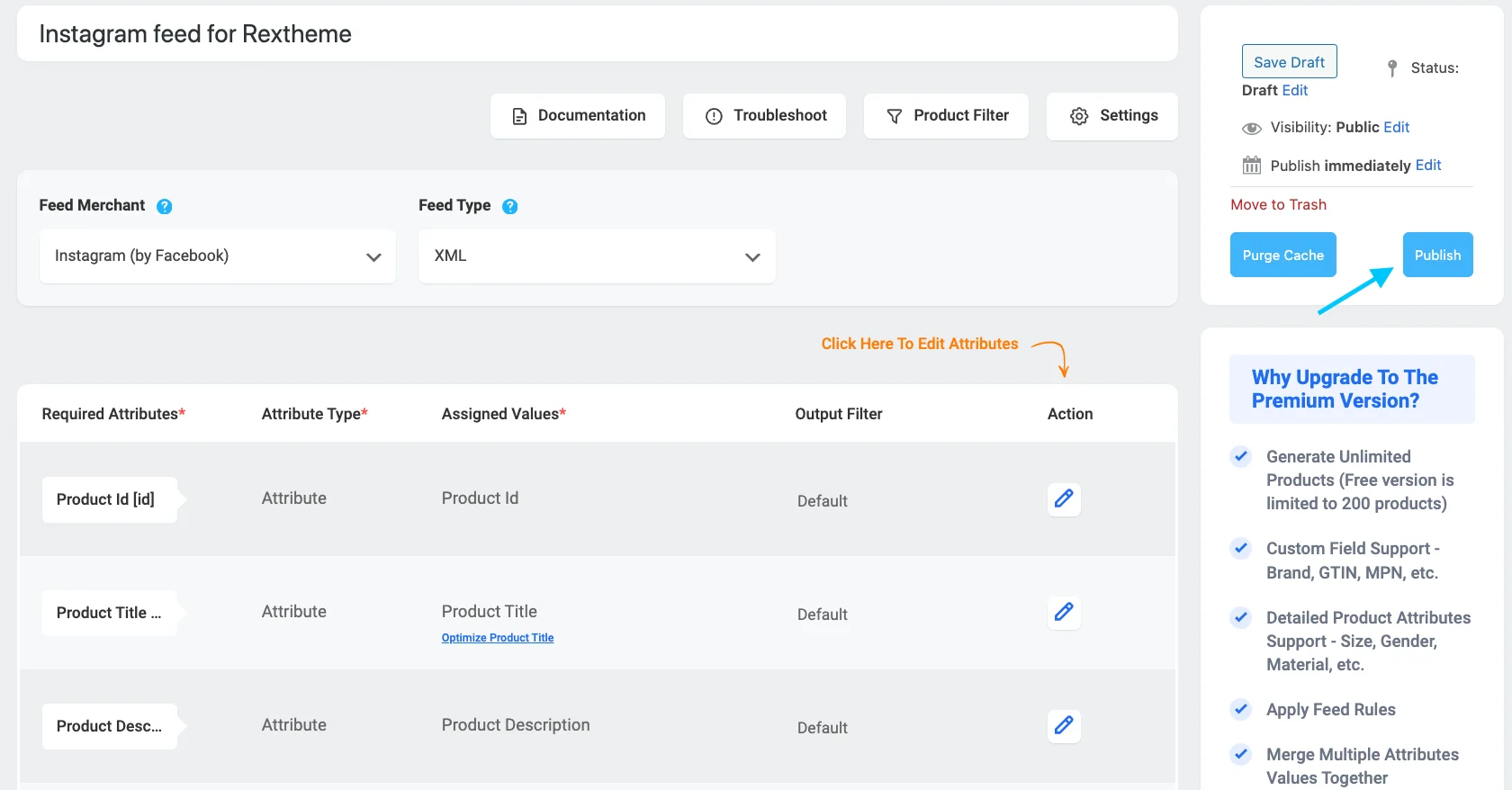 opción de publicar feed en el administrador de feeds de productos