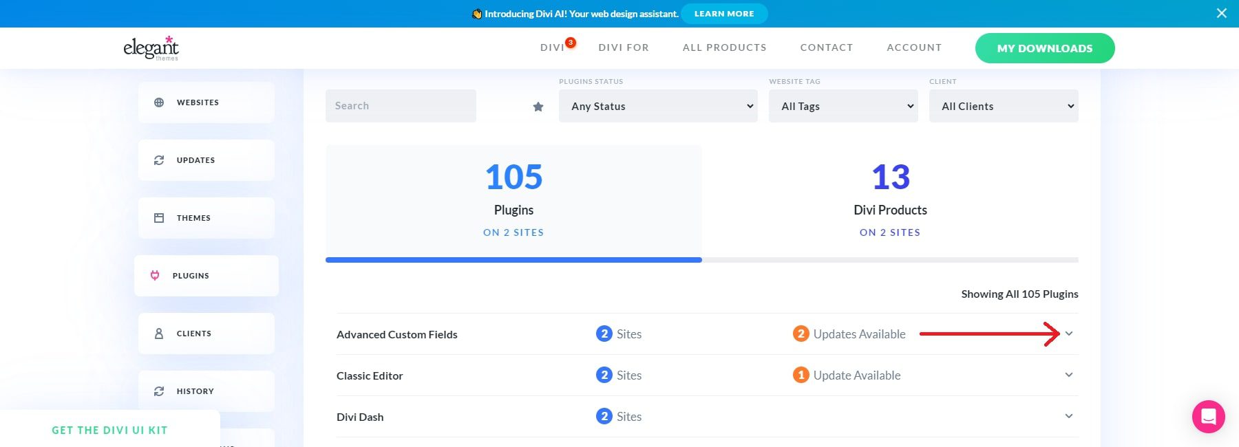 liste déroulante de mise à jour des plugins Divi Dash