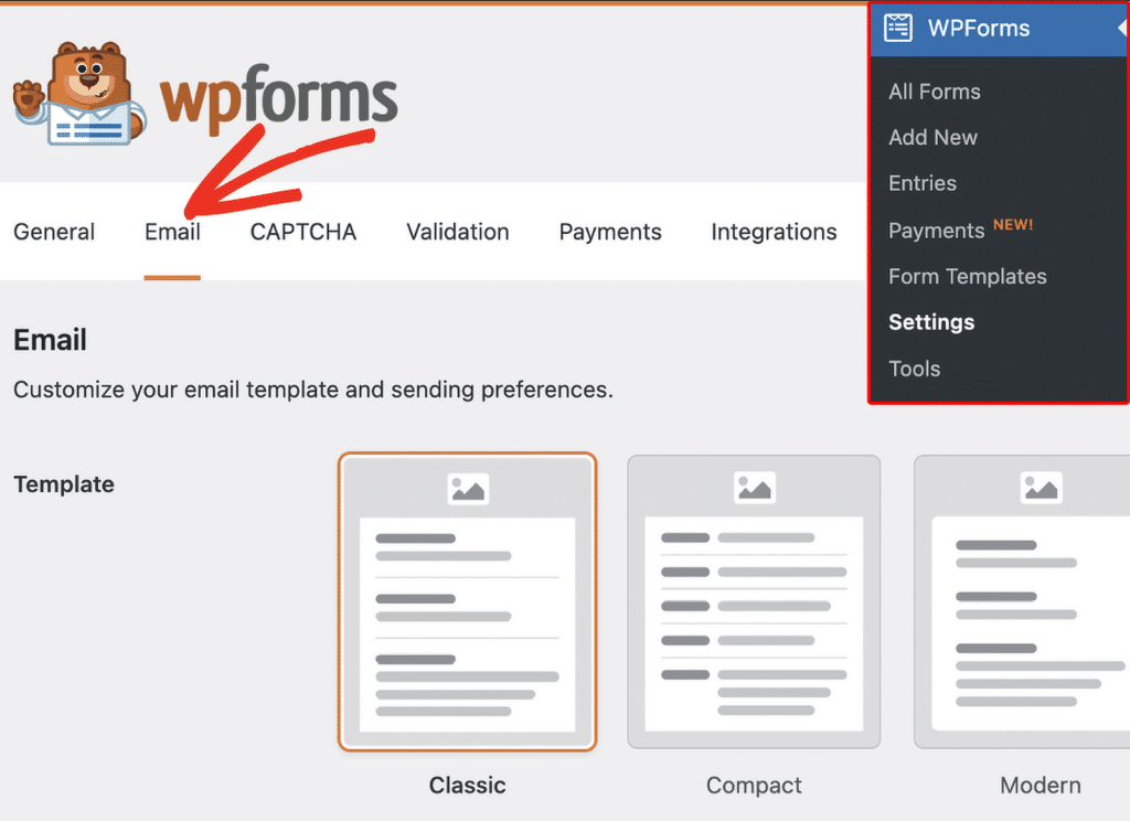 email settings wpforms