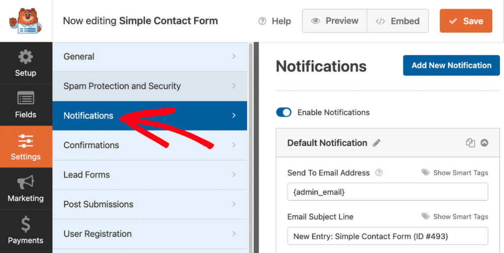 form notification settings