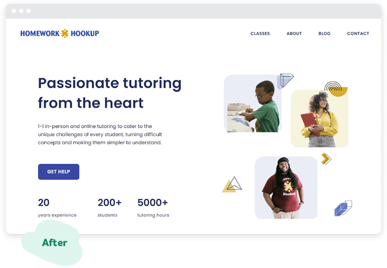 La homepage di Homework Hookup dopo la riprogettazione del sito web