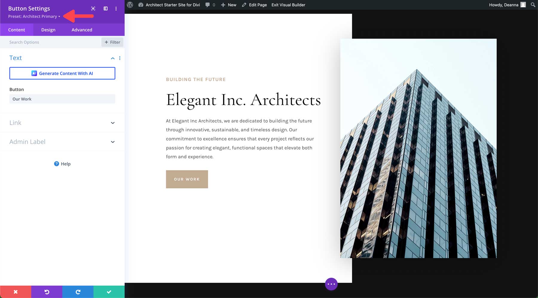 Site de démarrage d'architecte pour Divi