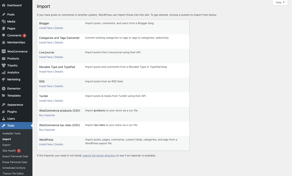 A caixa de diálogo Importar no WordPress que mostra uma lista de opções de plug-ins para importar vários tipos de arquivo.