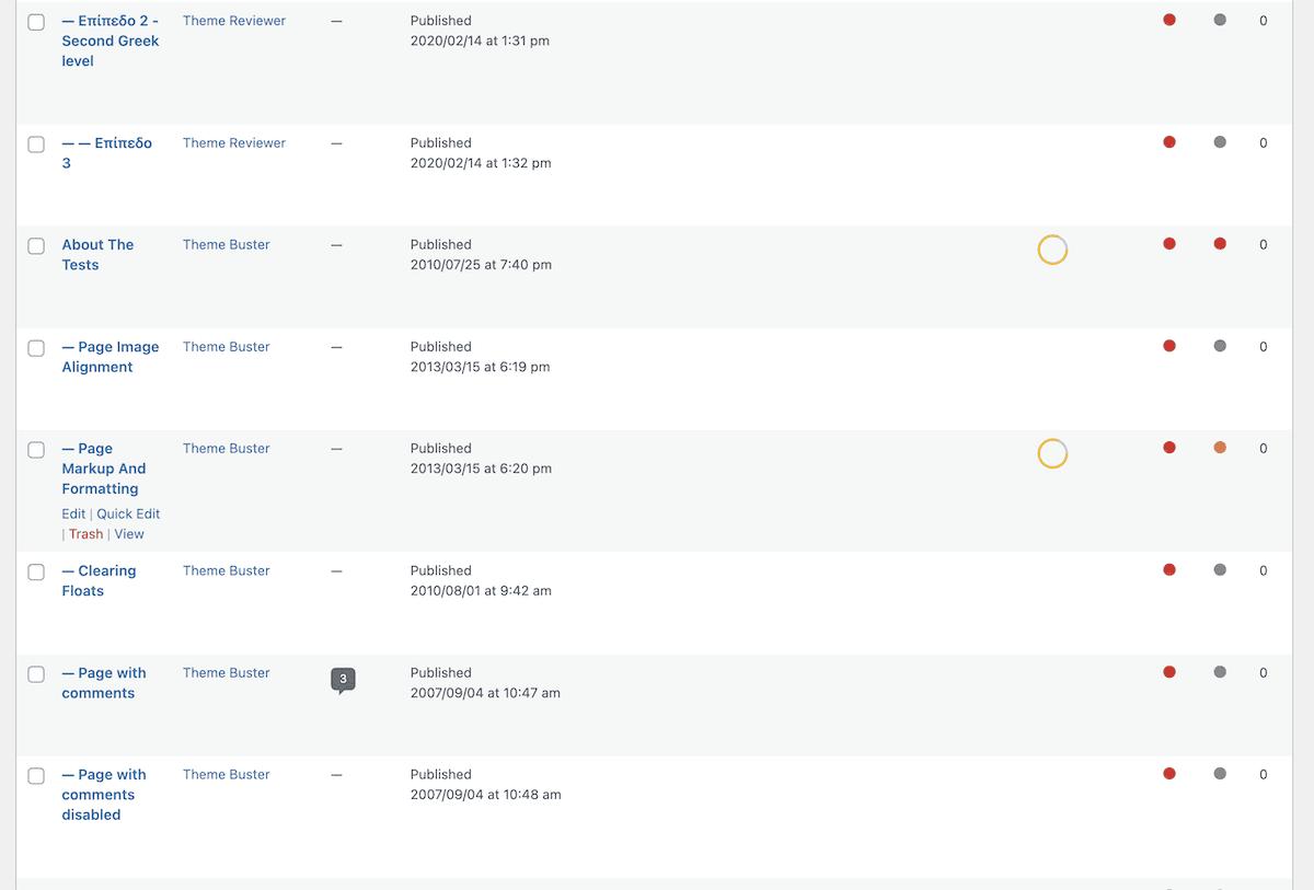 Ecranul Pagini WordPress care afișează conținutul datelor de test unitar al temei.