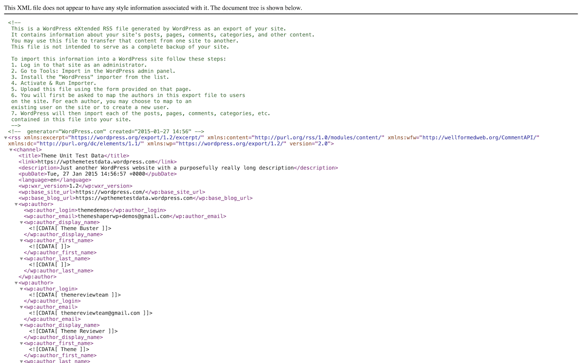 علامة تبويب في متصفح الويب تعرض محتويات ملف XML.