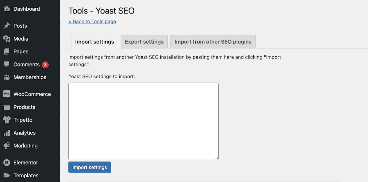 A tela de configurações de importação do plugin Yoast SEO.