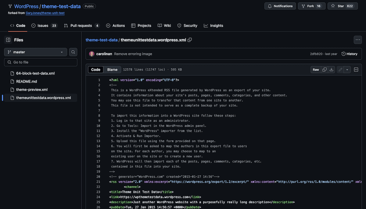 Depozitul WordPress GitHub afișează fișierul XML cu date de testare a unității tematice.