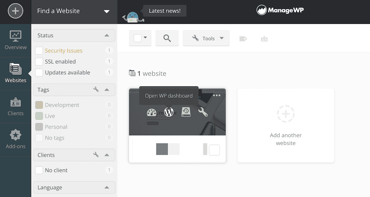 Le tableau de bord ManageWP affichant un lien vers le tableau de bord WordPress d'un site Web.