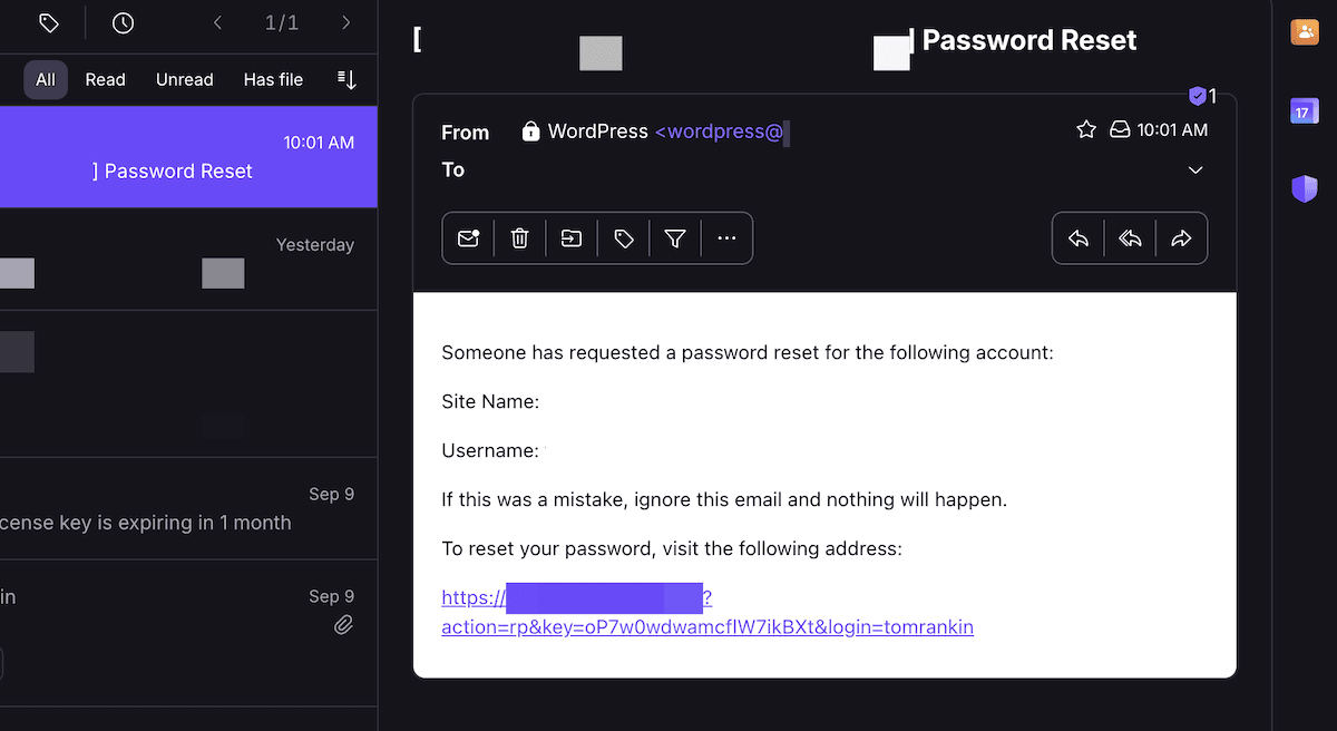 Una bandeja de entrada de correo electrónico que muestra un correo electrónico transaccional de un sitio web de WordPress, solicitando cambiar una contraseña.