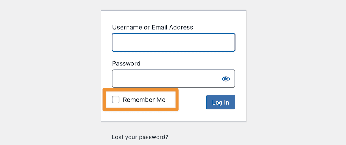 La page de connexion WordPress, mettant en évidence la case à cocher Remember Me.