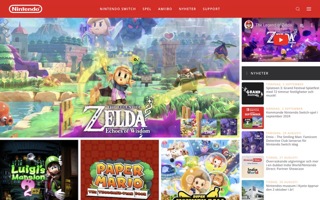 Situs web Nintendo Swedia, yang berjalan di Joomla! CMS multibahasa.