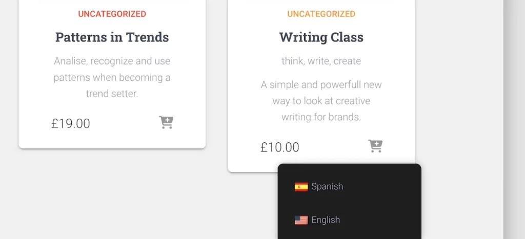 Der Sprachumschalter von TranslatePress im Frontend einer Website zeigt englische und spanische Optionen für die Sprachübersetzung.