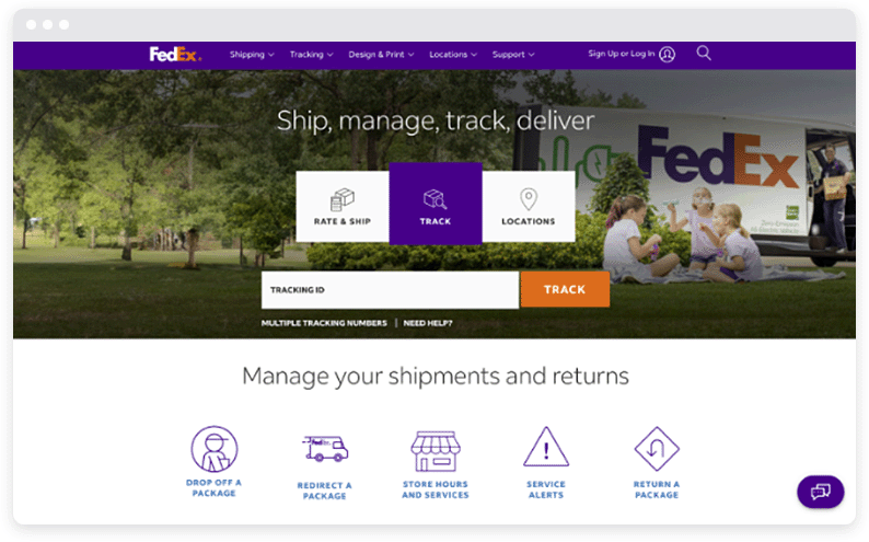 Bilah navigasi ungu dan spanduk foto di situs web FedEx.