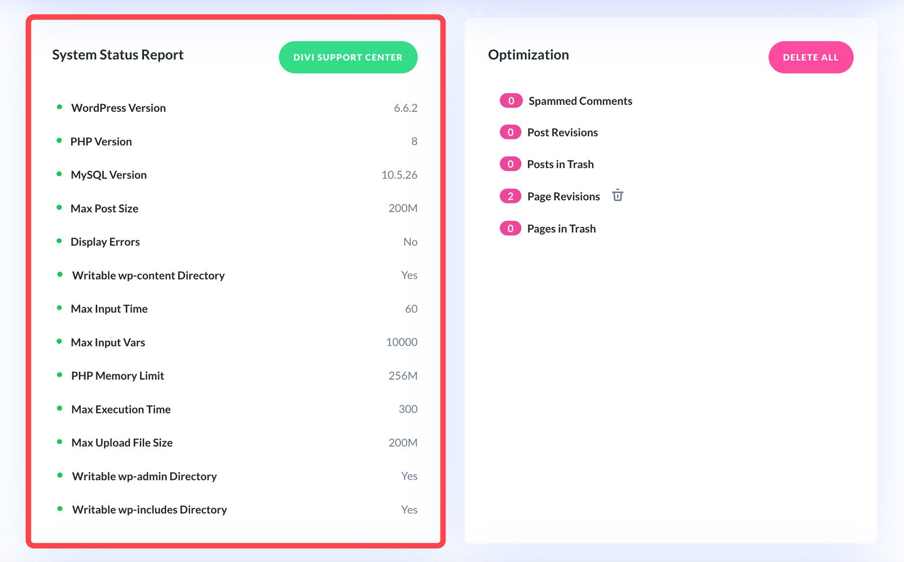 تقرير حالة نظام Divi Dash