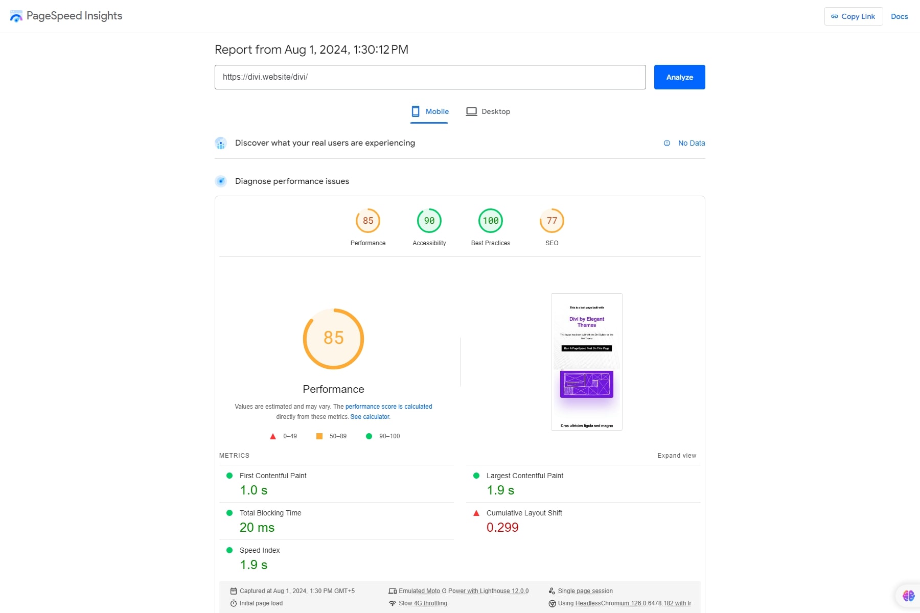 การวิเคราะห์ความเร็วเพจของ Google Divi